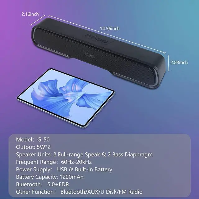 Alt view image 7 of 7 - MELOGAGA Computer Speakers, HiFi Stereo Desktop Soundbar, Dynamic RGB PC Gaming Speaker, Bluetooth 5.0 & 3.5mm Wired Sound Bar for Desktop, Laptops, Monitors, Projectors, Tablet, Phones