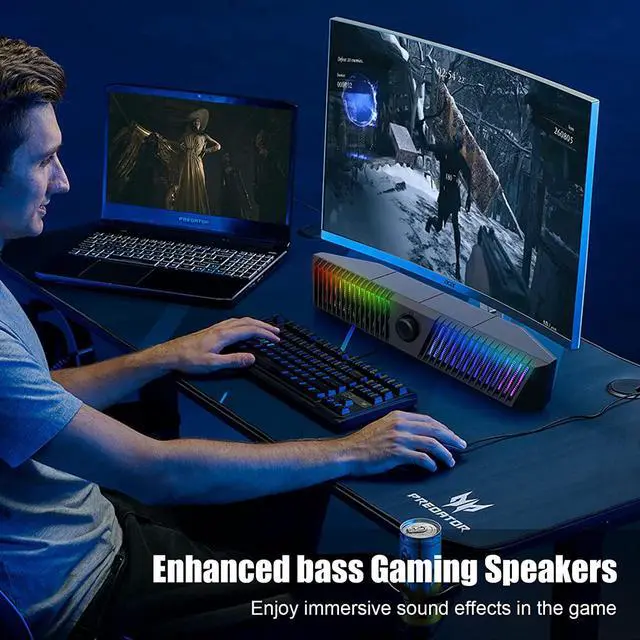 Alt view image 5 of 7 - PC Speakers, Smalody Computer Speakers for Desktop Gaming Monitor with Bluetooth, Computer Speaker Bar with Microphone and Dynamic RGB Lighting Effect, Computer Soundbar for Desktop Wired USB Powered