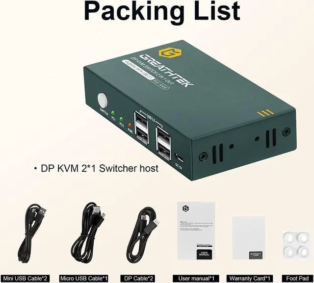 Alt view image 7 of 7 - DisplayPort KVM Switch 2 Port 4K@60Hz, DP KVM with 4 USB 2.0 Port, Displayport KVM Switch for 2 PC Share 1 Monitor Keyboard and Mouse, Support Button Switch, with 2 DP Cables and 2 USB Cables
