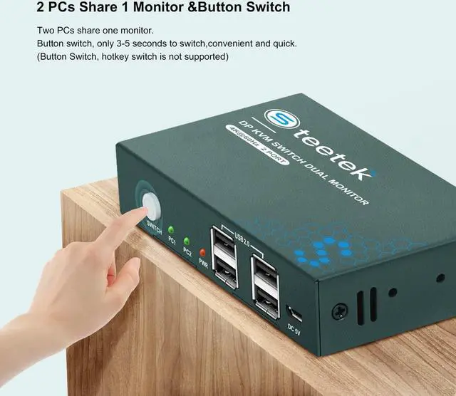 Alt view image 4 of 7 - Steetek 2 Port DP USB 2.0 KVM Switch 4K@60Hz, KVM Switch Displayport 2 in 1 Out. KVM Switch for 2 Computer Share 1 Monitor with 4 USB 2.0 Hub, Button Switch, with 2 DP and 2 USB Cable
