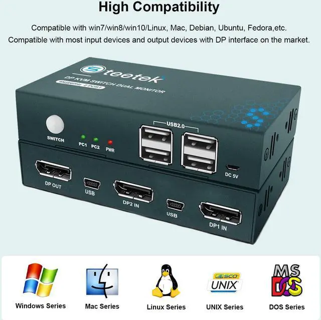 Alt view image 6 of 7 - Steetek 2 Port DP USB 2.0 KVM Switch 4K@60Hz, KVM Switch Displayport 2 in 1 Out. KVM Switch for 2 Computer Share 1 Monitor with 4 USB 2.0 Hub, Button Switch, with 2 DP and 2 USB Cable
