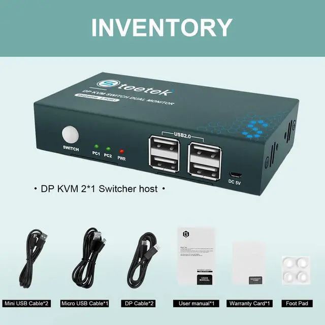 Alt view image 7 of 7 - Steetek 2 Port DP USB 2.0 KVM Switch 4K@60Hz, KVM Switch Displayport 2 in 1 Out. KVM Switch for 2 Computer Share 1 Monitor with 4 USB 2.0 Hub, Button Switch, with 2 DP and 2 USB Cable