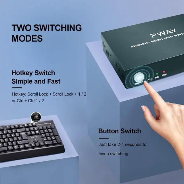 Alt view image 5 of 7 - KVM Switch HDMI 2 Port, Ultra HD 4K@60Hz KVM HDMI with 2 USB 2.0 Port, Support Hotkey Switch, HDMI KVM Switch for 2 Computers Share Keyboard Mouse and 1 Monitor, with 2 HDMI and 2 USB Cables