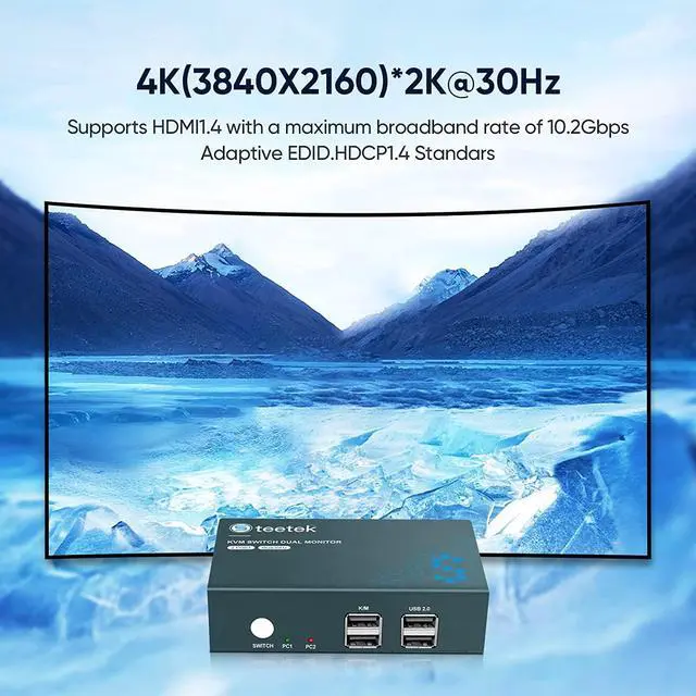 Alt view image 2 of 7 - Steetek Dual Monitor KVM Switch 2 Port 4K@30Hz, HDMI KVM Switch Extended Display for 2 Computers Share 2 Monitors and 2 USB 2.0 Hub, Hotkey Switching, 4 HDMI and 2 USB Cables Included.