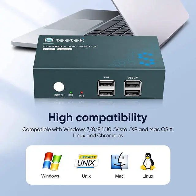 Alt view image 5 of 7 - Steetek Dual Monitor KVM Switch 2 Port 4K@30Hz, HDMI KVM Switch Extended Display for 2 Computers Share 2 Monitors and 2 USB 2.0 Hub, Hotkey Switching, 4 HDMI and 2 USB Cables Included.