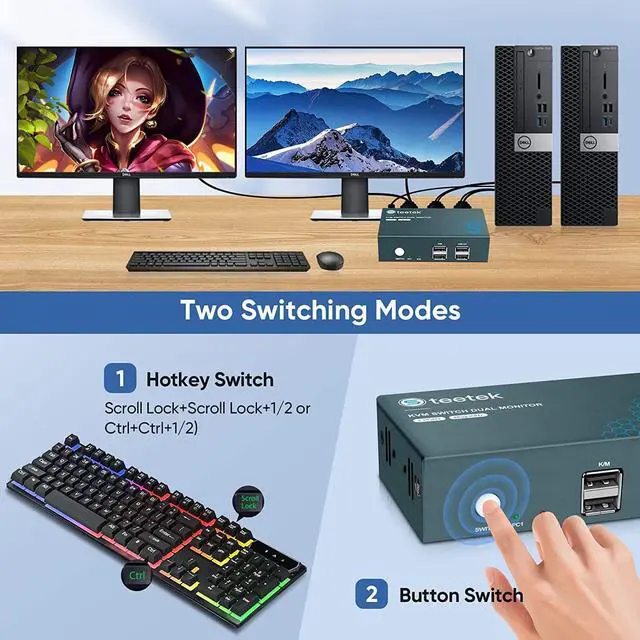 Alt view image 4 of 7 - Steetek Dual Monitor KVM Switch 2 Port 4K@30Hz, HDMI KVM Switch Extended Display for 2 Computers Share 2 Monitors and 2 USB 2.0 Hub, Hotkey Switching, 4 HDMI and 2 USB Cables Included.