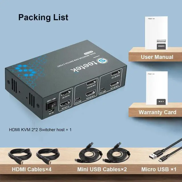 Alt view image 7 of 7 - Steetek HDMI KVM Switch Dual Monitors 2 Port 4K@30Hz, KVM Switch 2 Computers 2 Monitors Extended Display, Dual Monitor KVM by Hotkey Switching. 4 HDMI and 2 USB Cables Included.