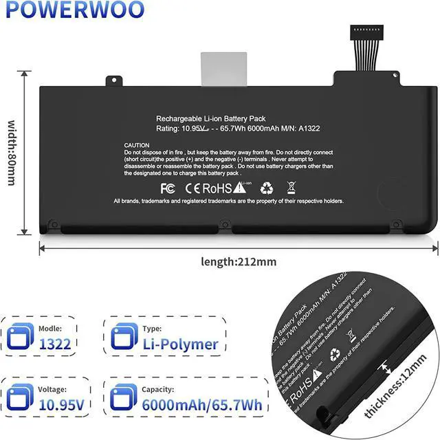 Alt view image 3 of 7 - A1278 A1322 Battery, POWERWOO MacBook pro Battery Replacement 13 inch Mid 2012 2010 2009 Early 2011 Late 2011, a1278 Battery with 6000mAh 10.95V 65.7Wh - High Performance and Longevity