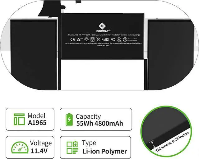 Alt view image 3 of 6 - A1932 A2179 Battery, Egoway A1965 Replacement Laptop Battery for MacBook Air 13 inch (Late2018 2019 2020), Easy-to-Install with Tools, EMC 3184 3302, Welcome to consult