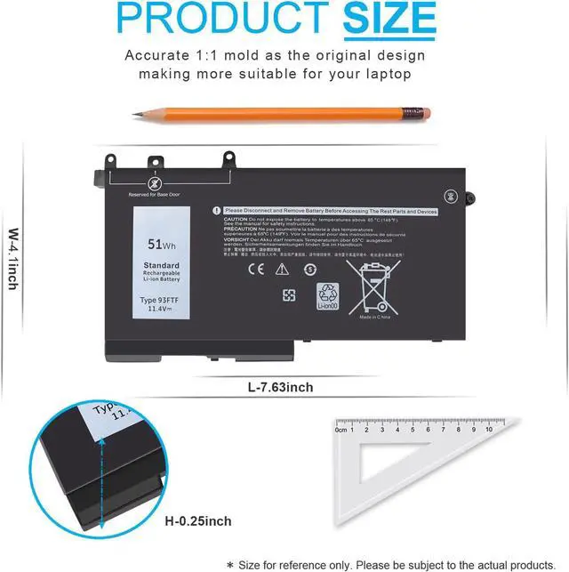 Alt view image 4 of 6 - 51Wh Type 93FTF Battery for Dell Latitude 5580 5480 5280 5590 5490 5491 5290 5288 5488 5495 5591 E5580 E5480 E5280 E5590 E5490 E5290 E5591 E5491 Precision 15 3520 3530 D4CMT 83XPC 4YFVG 451-BBZT 11.4V