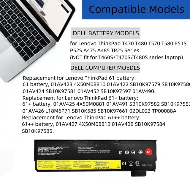Alt view image 3 of 5 - 61+ 61 11.4V 24Wh 01AV423 01AV452 t470 T580 T570 P52S T470 Laptop Battery Replacement for Lenovo ThinkPad T470 T480 T570 T580 A475 A485 P51S P52S Series 4X50M08810 01AV422 SB10K97579 01AV424 01AV452