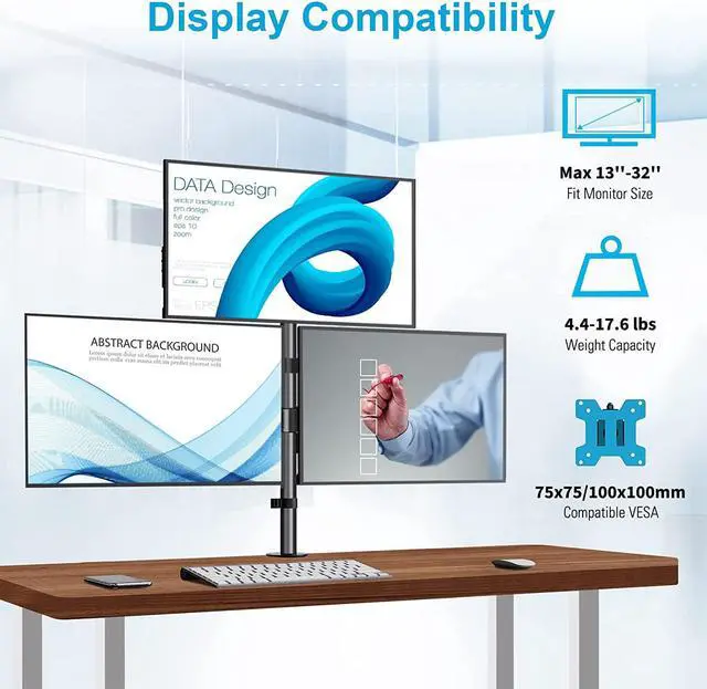 Alt view image 2 of 7 - MOUNTUP Triple Monitor Stand, Height Adjustable Monitor Desk Mount Fit for Three 17 to 32 Inch Computer Screens, Stacked Monitor Arm for 3 monitors, with C-Clamp and Grommet Base,up to 17.6lbs per Arm