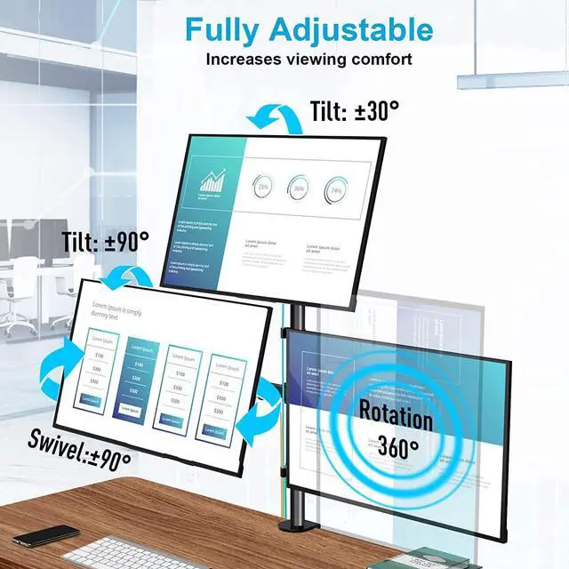 Alt view image 3 of 7 - MOUNTUP Triple Monitor Stand, Height Adjustable Monitor Desk Mount Fit for Three 17 to 32 Inch Computer Screens, Stacked Monitor Arm for 3 monitors, with C-Clamp and Grommet Base,up to 17.6lbs per Arm