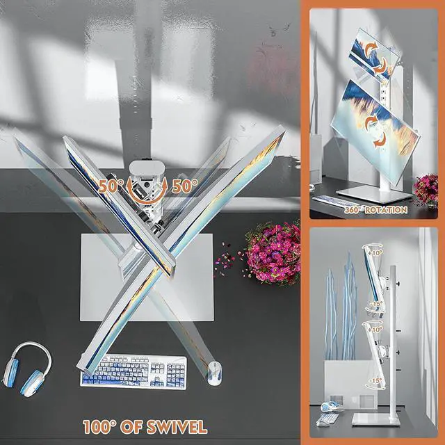 Alt view image 3 of 7 - Dual Monitor Stand - Vertical Stack Screen Free-Standing Monitor Riser Fits Two 13 to 34 Inch Screen with Swivel, Tilt, Height Adjustable, Holds One (1) Screen up to 44Lbs HT05W-002 White