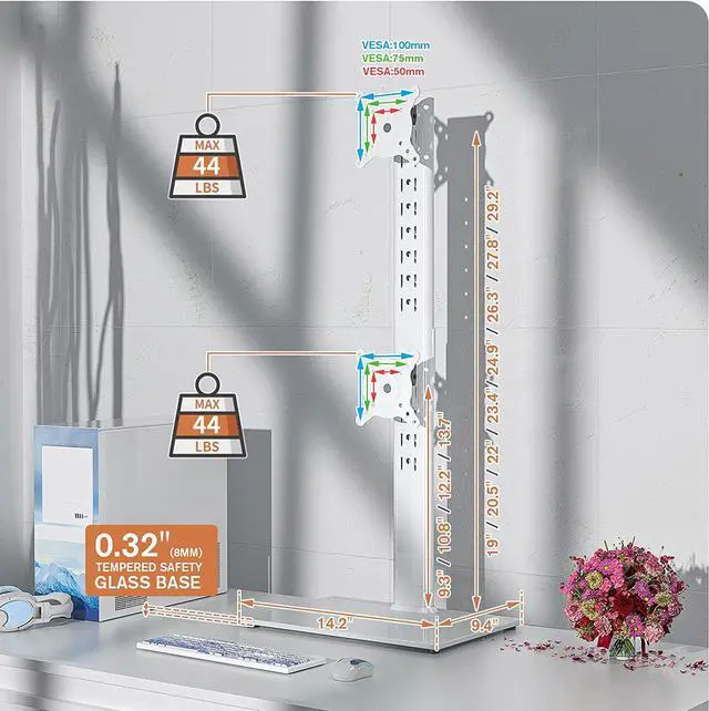 Alt view image 6 of 7 - Dual Monitor Stand - Vertical Stack Screen Free-Standing Monitor Riser Fits Two 13 to 34 Inch Screen with Swivel, Tilt, Height Adjustable, Holds One (1) Screen up to 44Lbs HT05W-002 White