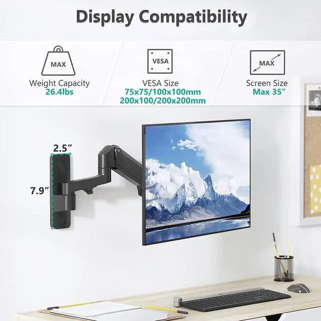 Alt view image 3 of 7 - WALI Single Monitor Wall Mount, Computer Wall Mount Monitor Arm Holds up to 26.4lbs, Heavy Duty Gas Spring Single Monitor Arm Screen up to 35 inch, Fully Adjustable Monitor Stand (GSWM001XL), Black