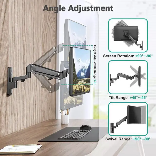Alt view image 4 of 7 - WALI Single Monitor Wall Mount, Computer Wall Mount Monitor Arm Holds up to 26.4lbs, Heavy Duty Gas Spring Single Monitor Arm Screen up to 35 inch, Fully Adjustable Monitor Stand (GSWM001XL), Black