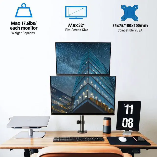 Alt view image 2 of 7 - MOUNTUP Dual Monitor Stand, Vertical Monitor Mount for 2 Max 32 inch Stack Screen Monitors, Height Adjustable, Swivel, Tilt Monitor Desk Mount with C Clamp Grommet Base, MU3004