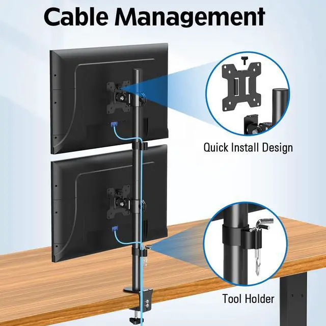 Alt view image 5 of 7 - MOUNTUP Dual Monitor Stand, Vertical Monitor Mount for 2 Max 32 inch Stack Screen Monitors, Height Adjustable, Swivel, Tilt Monitor Desk Mount with C Clamp Grommet Base, MU3004