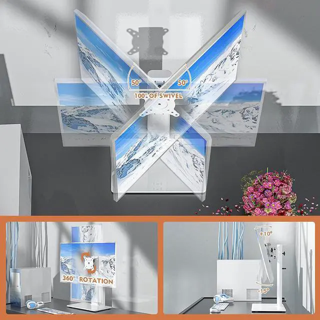 Alt view image 3 of 7 - Single LCD Computer Monitor Free-Standing Desk Stand Riser for 13 inch to 32 inch Screen with Swivel, Height Adjustable, Rotation, Holds One (1) Screen up to 77Lbs(HT05W-001) White