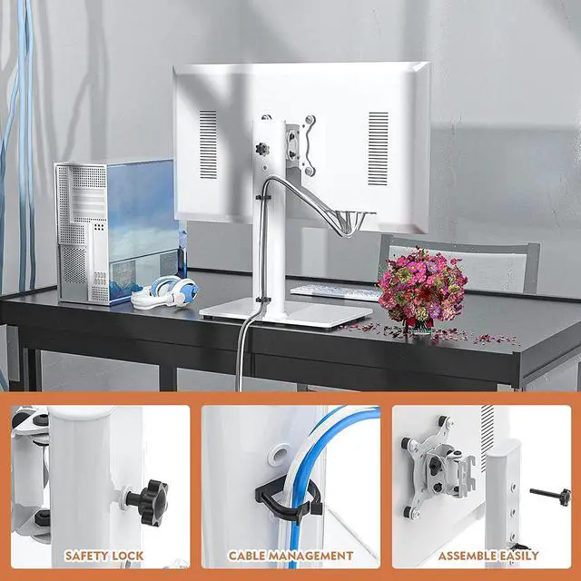 Alt view image 4 of 7 - Single LCD Computer Monitor Free-Standing Desk Stand Riser for 13 inch to 32 inch Screen with Swivel, Height Adjustable, Rotation, Holds One (1) Screen up to 77Lbs(HT05W-001) White