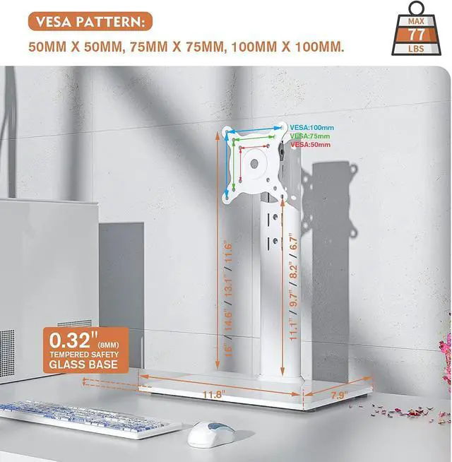 Alt view image 6 of 7 - Single LCD Computer Monitor Free-Standing Desk Stand Riser for 13 inch to 32 inch Screen with Swivel, Height Adjustable, Rotation, Holds One (1) Screen up to 77Lbs(HT05W-001) White