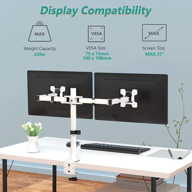 Alt view image 2 of 7 - WALI Dual LCD Monitor Fully Adjustable Desk Mount Stand Fits 2 Screens up to 27 inch, 22 lbs. Weight Capacity per Arm (M002-W), White