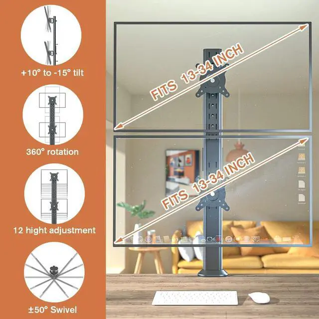 Alt view image 2 of 7 - HEMUDU Dual Monitor Articulating Desk Mount Arm Stand - Vertical Stack Screen Supports Two 13 to 34 Inch Computer Monitors with C Clamp