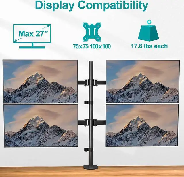 Alt view image 4 of 7 - MOUNT PRO Quad Monitor Stand, 4 Monitor Mount for 13 to 27 inch Computer Screens, Hold up to 17.6lbs Each, Fully Adjustable Stacked 4 Monitor Desk Mount, VESA Mount, C clamp/Grommet Base