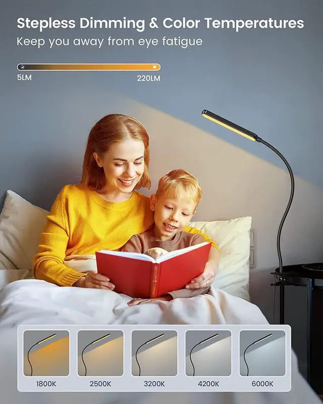 Alt view image 4 of 6 - Glocusent 5W Multi-Purpose Clip On Light, 38 LEDs Bed Light, Eye Caring Reading Lamp, 5 Color & 5 Brightness with a Remote, 30-Min Auto Off Timer, Perfect for Bed Reading/Studying/Working