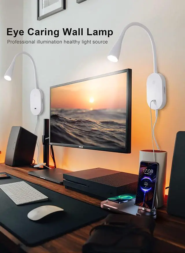 Alt view image 2 of 6 - LED Wall Mount Reading Light for Bed, Reading Lamp with USB Output 5 Brightness Levels Touch Control Book Lights, 4000K Bedside Lamp Flexible Gooseneck, 2 Easy Install Options