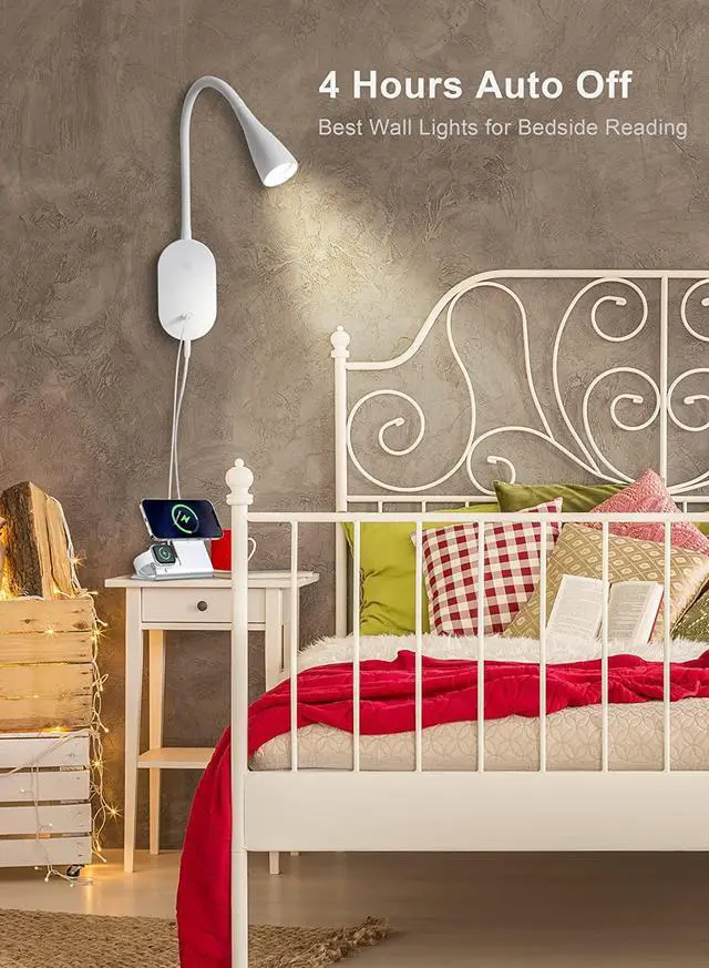 Alt view image 5 of 6 - LED Wall Mount Reading Light for Bed, Reading Lamp with USB Output 5 Brightness Levels Touch Control Book Lights, 4000K Bedside Lamp Flexible Gooseneck, 2 Easy Install Options