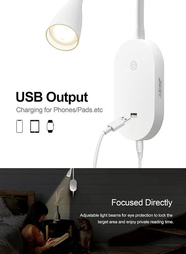 Alt view image 4 of 6 - LED Wall Mount Reading Light for Bed, Reading Lamp with USB Output 5 Brightness Levels Touch Control Book Lights, 4000K Bedside Lamp Flexible Gooseneck, 2 Easy Install Options