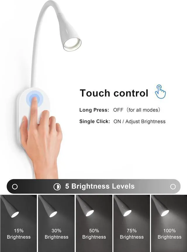 Alt view image 3 of 6 - LED Wall Mount Reading Light for Bed, Reading Lamp with USB Output 5 Brightness Levels Touch Control Book Lights, 4000K Bedside Lamp Flexible Gooseneck, 2 Easy Install Options