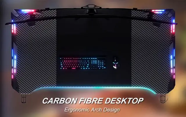 Alt view image 4 of 5 - HLDIRECT 63 Inch Gaming Desk with LED Lights Carbon Fibre Surface Gaming Table Large Computer Desk Ergonomic Home Office Desks Z Shaped PC Gamer Workstations with Cup Holder & Headphone Hook Black