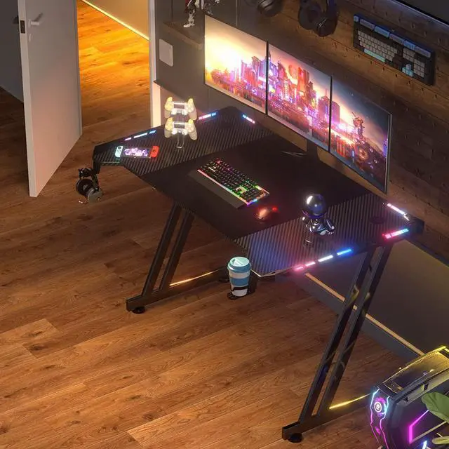Alt view image 5 of 5 - HLDIRECT 63 Inch Gaming Desk with LED Lights Carbon Fibre Surface Gaming Table Large Computer Desk Ergonomic Home Office Desks Z Shaped PC Gamer Workstations with Cup Holder & Headphone Hook Black
