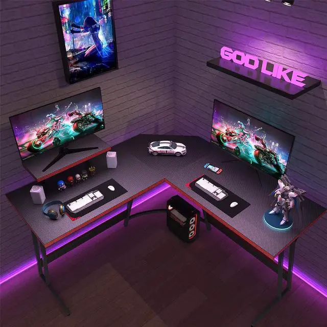 Alt view image 2 of 6 - VICTONE L Shaped Gaming Desk, Corner Desk with Monitor Stand, Computer PC Table for Home Office Writing Studying Working, Space-Saving, Easy Assemble (Black, 47'')