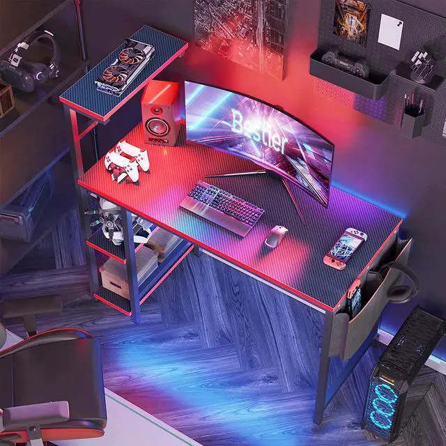 Alt view image 3 of 7 - Bestier Gaming Desk with LED Lights, 44 Inch PC Gamer Desk for Small Spaces, Computer Desk with Reversible Storage Shelves & Side Storage Bag (Black 3D Carbon Fiber)