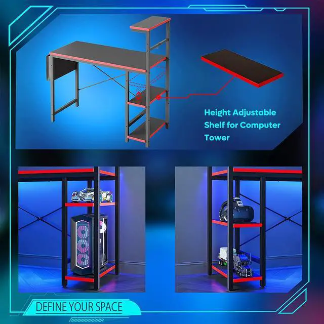 Alt view image 6 of 7 - Bestier Gaming Desk with LED Lights, 44 Inch PC Gamer Desk for Small Spaces, Computer Desk with Reversible Storage Shelves & Side Storage Bag (Black 3D Carbon Fiber)