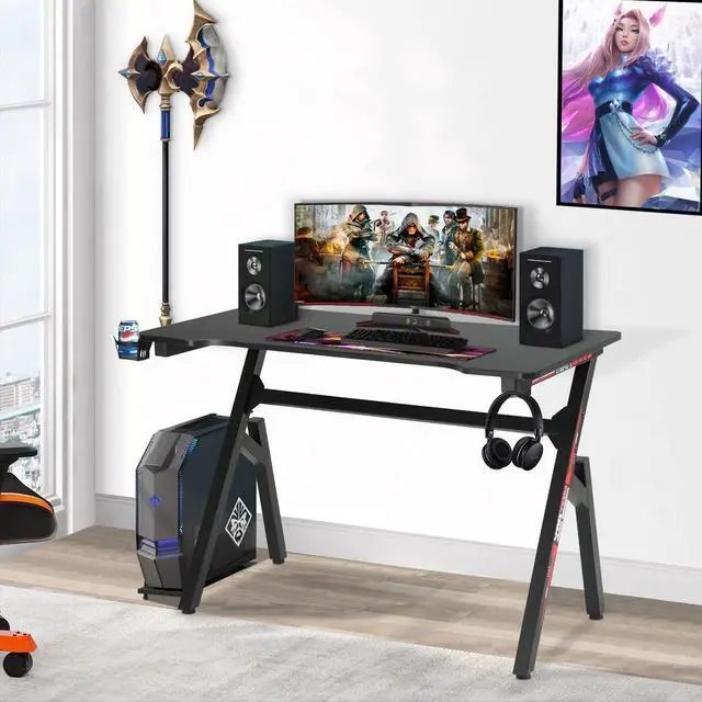 Alt view image 2 of 7 - Computer Desk Gaming Desk Student PC Desk Writing Desk Office Desk Modern Ergonomic Racing Style Table Workstation Carbon Fiber Headphone Hook (47in, Red)