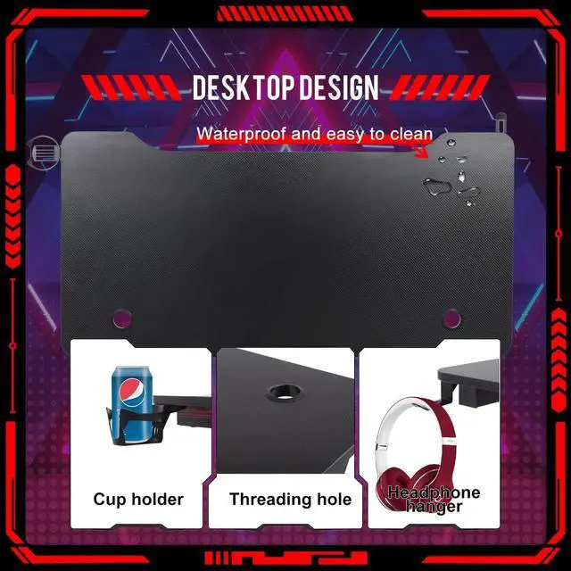 Alt view image 5 of 7 - Computer Desk Gaming Desk Student PC Desk Writing Desk Office Desk Modern Ergonomic Racing Style Table Workstation Carbon Fiber Headphone Hook (47in, Red)