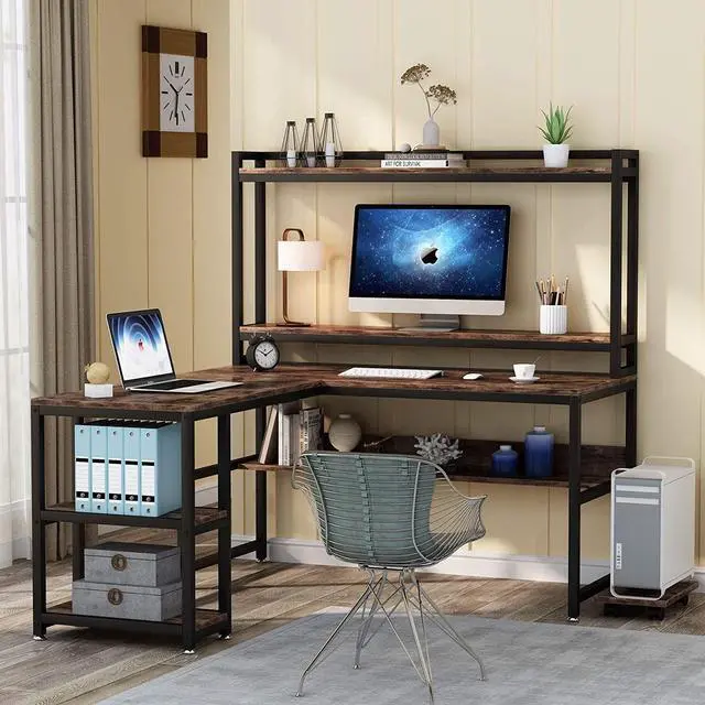 Alt view image 2 of 7 - Tribesigns L-Shaped Desk with Hutch and Storage Shelves, 59 Inch Corner Computer Office Desk Gaming Table Workstation with Bookshelf and Monitor Stand for Home Office (Rustic Brown)