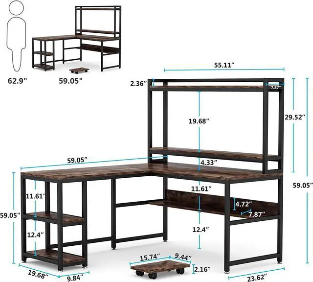 Alt view image 7 of 7 - Tribesigns L-Shaped Desk with Hutch and Storage Shelves, 59 Inch Corner Computer Office Desk Gaming Table Workstation with Bookshelf and Monitor Stand for Home Office (Rustic Brown)