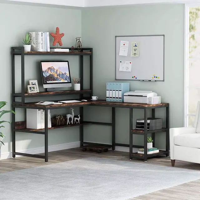 Alt view image 3 of 7 - Tribesigns L-Shaped Desk with Hutch and Storage Shelves, 59 Inch Corner Computer Office Desk Gaming Table Workstation with Bookshelf and Monitor Stand for Home Office (Rustic Brown)