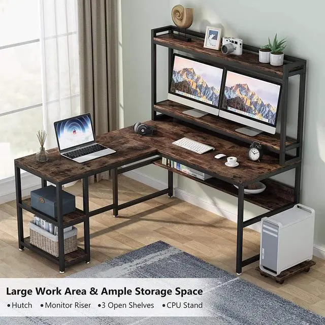 Alt view image 4 of 7 - Tribesigns L-Shaped Desk with Hutch and Storage Shelves, 59 Inch Corner Computer Office Desk Gaming Table Workstation with Bookshelf and Monitor Stand for Home Office (Rustic Brown)