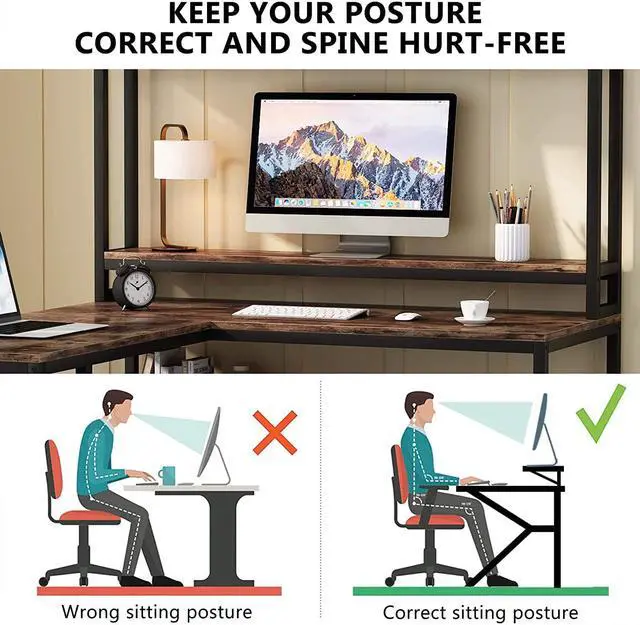 Alt view image 5 of 7 - Tribesigns L-Shaped Desk with Hutch and Storage Shelves, 59 Inch Corner Computer Office Desk Gaming Table Workstation with Bookshelf and Monitor Stand for Home Office (Rustic Brown)