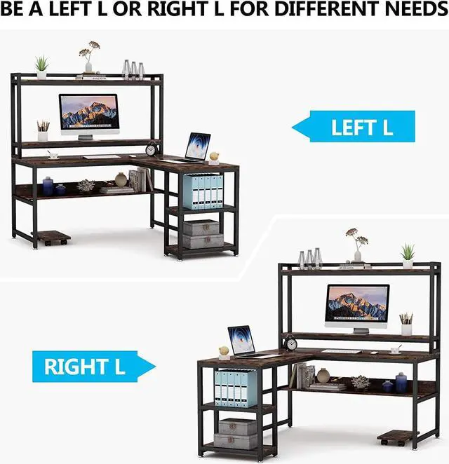 Alt view image 6 of 7 - Tribesigns L-Shaped Desk with Hutch and Storage Shelves, 59 Inch Corner Computer Office Desk Gaming Table Workstation with Bookshelf and Monitor Stand for Home Office (Rustic Brown)