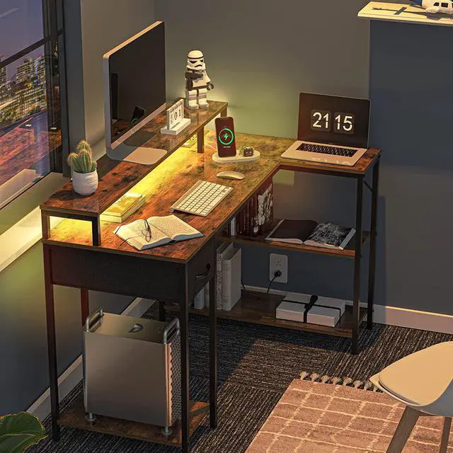 Alt view image 2 of 7 - SUPERJARE L Shaped Gaming Desk with LED Lights & Power Outlets, Reversible Computer Desk with Shelves & Drawer, Corner Desk Home Office Desk, Rustic Brown, 7035ZC