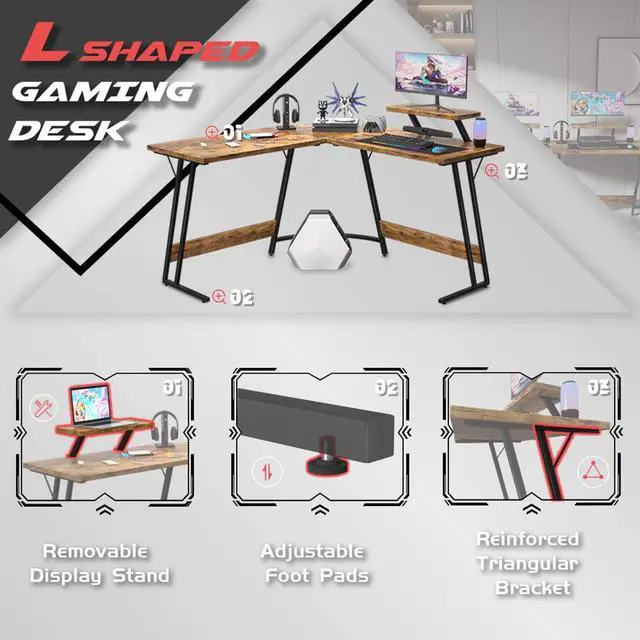 Alt view image 7 of 7 - Homall L Shaped Gaming Desk Computer Corner Desk PC Gaming Desk Table with Large Monitor Riser Stand for Home Office Sturdy Writing Workstation (Classical Brown, 51 Inch)