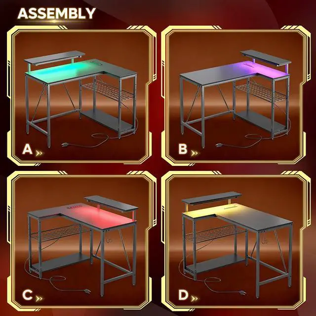 Alt view image 7 of 7 - Small Gaming Desk with Power Outlets,42 L Shaped LED Computer Desk with Monitor Stand Reversible Storage Shelves,Corner Gamer Desk with Headset Hooks USB Charging Port,Carbon Fiber Black